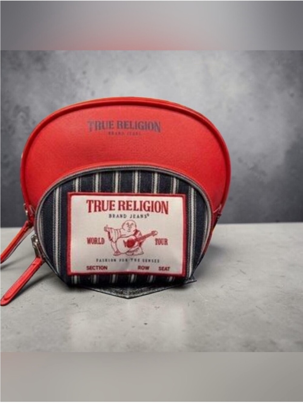 True Religion Red and Navy
Striped Mini Cometic Pouch with Logo Patch